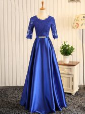 Ideal Blue Elastic Woven Satin Zipper Scoop Half Sleeves Floor Length Prom Evening Gown Embroidery and Belt