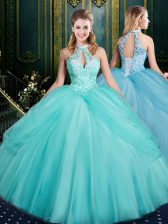 Exceptional Sleeveless Floor Length Beading and Pick Ups Lace Up Sweet 16 Dress with Aqua Blue
