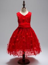  Sleeveless Tulle High Low Zipper Kids Pageant Dress in Wine Red with Appliques