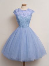 Stunning Knee Length Ball Gowns Cap Sleeves Blue Quinceanera Court of Honor Dress Lace Up