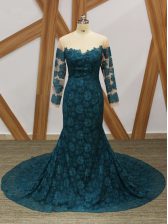 Luxury Scoop Long Sleeves Evening Dress Lace Teal Lace