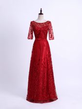  Column/Sheath Half Sleeves Red Evening Dress Lace Up