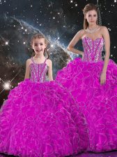 Romantic Fuchsia Ball Gowns Sweetheart Sleeveless Organza Floor Length Lace Up Beading and Ruffles Sweet 16 Dress