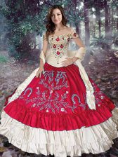 Graceful Red Ball Gowns Off The Shoulder Sleeveless Taffeta Floor Length Lace Up Embroidery and Ruffled Layers Sweet 16 Dress