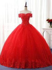 High End Red Lace Up Off The Shoulder Beading and Ruffles Sweet 16 Dresses Tulle Sleeveless