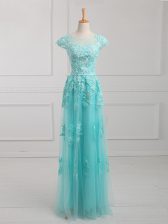  Short Sleeves Floor Length Beading and Lace and Appliques Lace Up Evening Dress with Aqua Blue