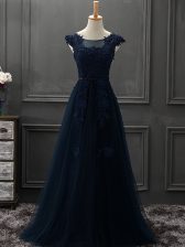 Classical Navy Blue Prom Evening Gown Prom and Party with Beading and Lace and Appliques Scoop Sleeveless Lace Up