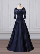 Gorgeous Navy Blue Prom Dress Scoop 3 4 Length Sleeve Brush Train Zipper