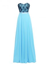 Inexpensive Aqua Blue Sleeveless Floor Length Lace and Appliques Zipper Prom Evening Gown