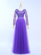 Unique Lavender Tulle Lace Up V-neck Long Sleeves Floor Length Prom Dresses Lace and Appliques