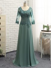  Column/Sheath Dress for Prom Green Scalloped Chiffon Long Sleeves Floor Length Zipper
