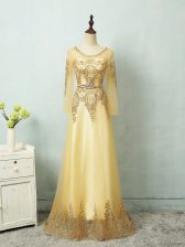 On Sale Long Sleeves Floor Length Beading and Appliques and Belt Zipper Homecoming Dress with Yellow