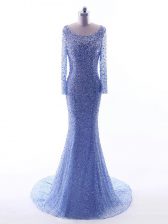 Popular Blue Tulle Backless Scoop Long Sleeves Prom Evening Gown Brush Train Sequins