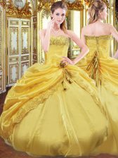  Gold Lace Up 15th Birthday Dress Beading and Pick Ups Sleeveless Floor Length