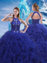 Hot Sale Blue Scoop Neckline Beading and Ruffles Quinceanera Dress Sleeveless Lace Up