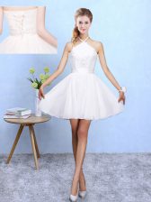 Graceful A-line Quinceanera Dama Dress White Halter Top Chiffon Sleeveless Mini Length Lace Up