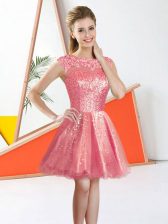Edgy Sleeveless Organza Knee Length Backless Damas Dress in Watermelon Red with Beading and Lace