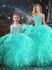 High Quality Floor Length Ball Gowns Sleeveless Turquoise Quince Ball Gowns Lace Up