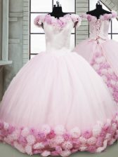 Cute Pink Quinceanera Gowns Off The Shoulder Sleeveless Brush Train Lace Up