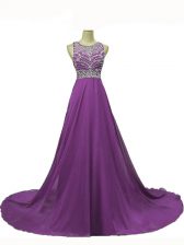 Luxury Brush Train Empire Dress for Prom Eggplant Purple Scoop Chiffon Sleeveless Backless