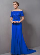 Noble Blue Off The Shoulder Zipper Lace Prom Evening Gown Sweep Train Short Sleeves