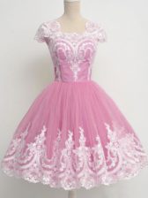 Traditional Rose Pink Cap Sleeves Knee Length Lace Zipper Dama Dress for Quinceanera