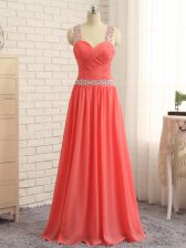  Sleeveless Floor Length Beading and Ruching Criss Cross Prom Dress with Watermelon Red