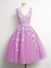 Simple Lilac Sleeveless Knee Length Appliques Lace Up Quinceanera Dama Dress