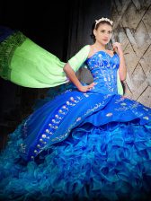Designer Royal Blue Ball Gowns Organza Off The Shoulder Sleeveless Embroidery and Ruffles Lace Up Quinceanera Dress Brush Train