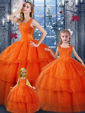  Floor Length Ball Gowns Sleeveless Orange Red Quinceanera Gown Lace Up
