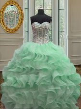  Apple Green Organza Lace Up Sweetheart Sleeveless Floor Length Quinceanera Dress Ruffles
