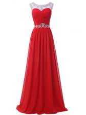 Unique Red Scoop Backless Beading and Ruching Evening Dress Sleeveless