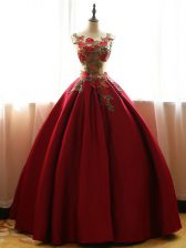  Wine Red Taffeta Lace Up Ball Gown Prom Dress Sleeveless Floor Length Appliques