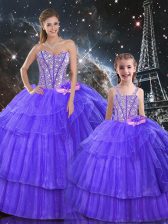  Purple Ball Gowns Ruffled Layers and Sequins Quinceanera Dress Lace Up Organza and Tulle Sleeveless Floor Length