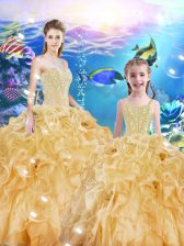 Artistic Gold Organza Lace Up Sweetheart Sleeveless Floor Length Sweet 16 Dresses Beading and Ruffles