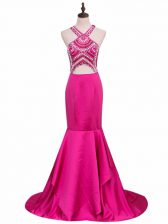  Hot Pink Backless Prom Gown Beading Sleeveless Brush Train