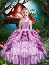  Sleeveless Organza Floor Length Lace Up Pageant Gowns For Girls in Lilac with Beading and Ruffles and Ruffled Layers