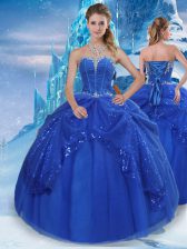  Floor Length Lace Up Sweet 16 Dress Royal Blue for Military Ball and Sweet 16 and Quinceanera with Beading and Pick Ups