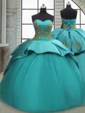 Shining Lace Up 15th Birthday Dress Turquoise for Military Ball and Sweet 16 and Quinceanera with Beading and Appliques Sweep Train
