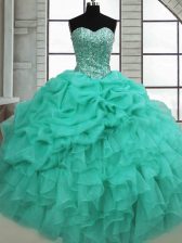 Clearance Sleeveless Floor Length Beading and Ruffles and Pick Ups Lace Up Quinceanera Gown with Turquoise
