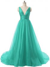 Romantic Organza V-neck Sleeveless Brush Train Backless Ruching Prom Party Dress in Turquoise