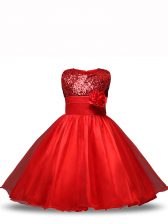 Pretty Organza Sleeveless Knee Length Kids Formal Wear and Sequins and Hand Made Flower