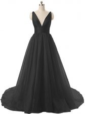 Best Selling Black Prom Gown V-neck Sleeveless Sweep Train Backless