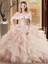 Dynamic Tulle Scoop Sleeveless Brush Train Lace Up Beading and Ruffles Sweet 16 Dresses in Peach