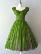Artistic Green Cap Sleeves Knee Length Ruching Zipper Court Dresses for Sweet 16