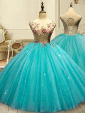  Sleeveless Tulle Floor Length Lace Up Ball Gown Prom Dress in Aqua Blue with Appliques and Sequins