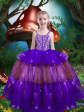  Floor Length Ball Gowns Sleeveless Purple Little Girl Pageant Dress Lace Up