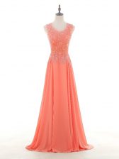 Beautiful Watermelon Red Empire Chiffon Scoop Sleeveless Lace and Appliques Floor Length Zipper Evening Dress
