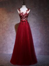 Exceptional Floor Length Backless Prom Dresses Wine Red for Prom and Party with Appliques