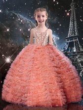 Wonderful Watermelon Red Straps Neckline Beading and Ruffled Layers Kids Pageant Dress Sleeveless Lace Up